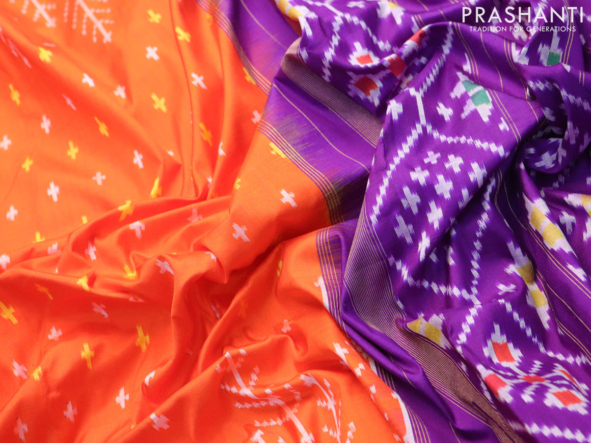 Pochampally silk saree orange and violet with allover ikat weaves and simple border