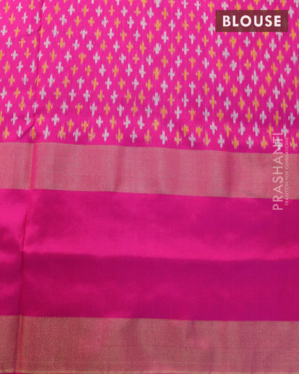 Pochampally silk saree sap green and pink with allover ikat weaves and rettapet zari woven ikat style border