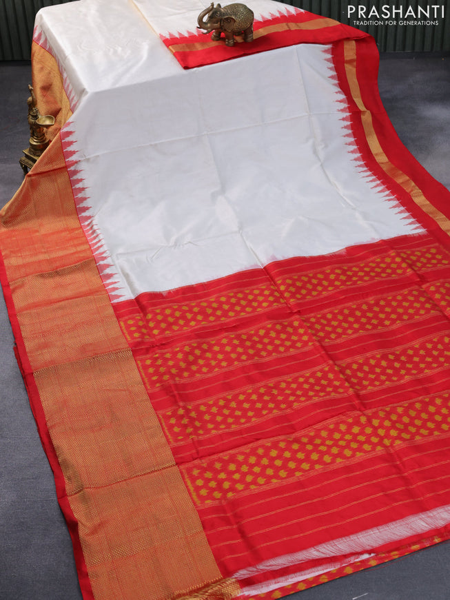 Pochampally silk saree off white and red with plain body and long zari woven border