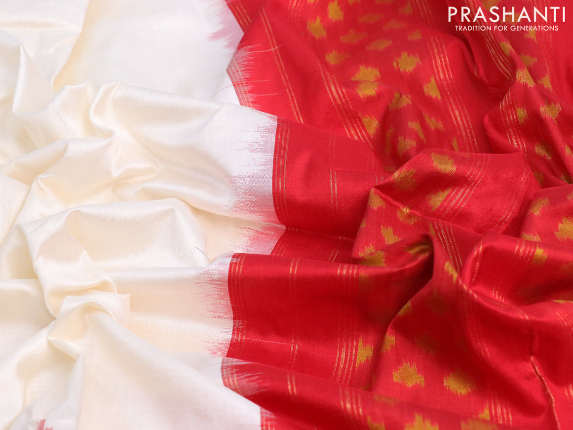 Pochampally silk saree off white and red with plain body and long zari woven border