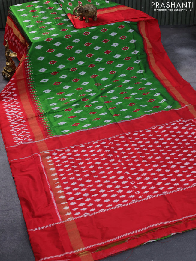 Pochampally silk saree green and red with allover ikat butta weaves and zari woven ikat style border