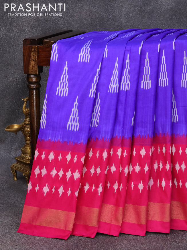 Pochampally silk saree royal blue and magenta pink with allover ikat butta weaves and ikat woven zari border