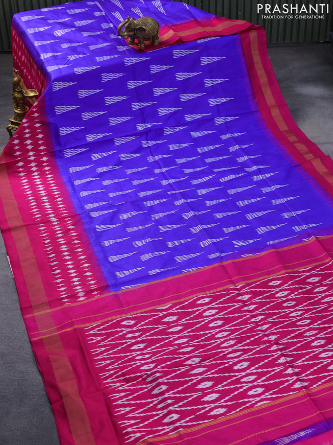 Pochampally silk saree royal blue and magenta pink with allover ikat butta weaves and ikat woven zari border
