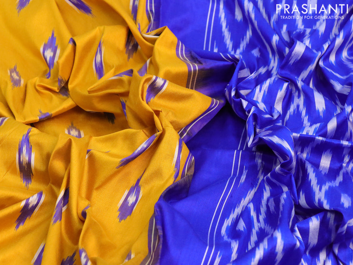 Pochampally silk saree mustard yellow and blue with allover ikat butta weaves and zari woven ikat style border