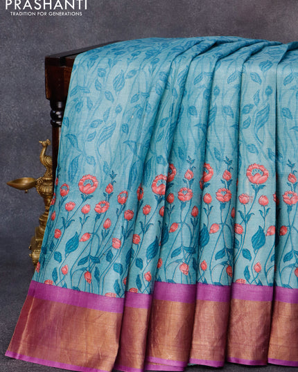Pure tussar silk saree pastel blue and violet with allover floral prints and zari woven border