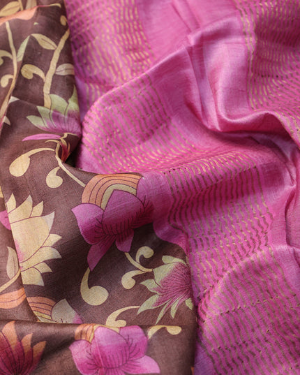 Pure tussar silk saree brown and pink with allover kalamkari prints and zari woven border