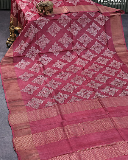 Pure tussar silk saree maroon with allover bandhani butta prints and zari woven border