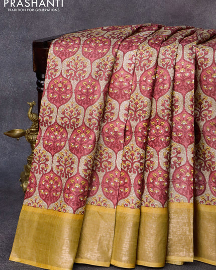 Pure tussar silk saree beige pink and mustard yellow with allover prints and zari woven border