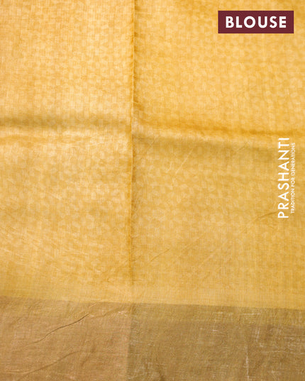 Pure tussar silk saree beige pink and mustard yellow with allover prints and zari woven border