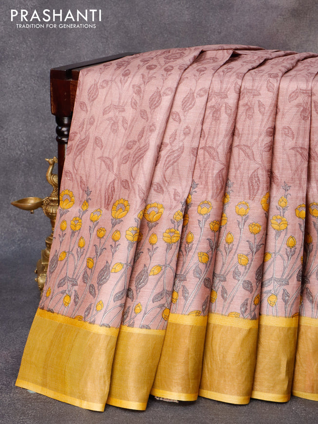 Pure tussar silk saree pastel brown and mustard yellow with allover floral prints and zari woven border