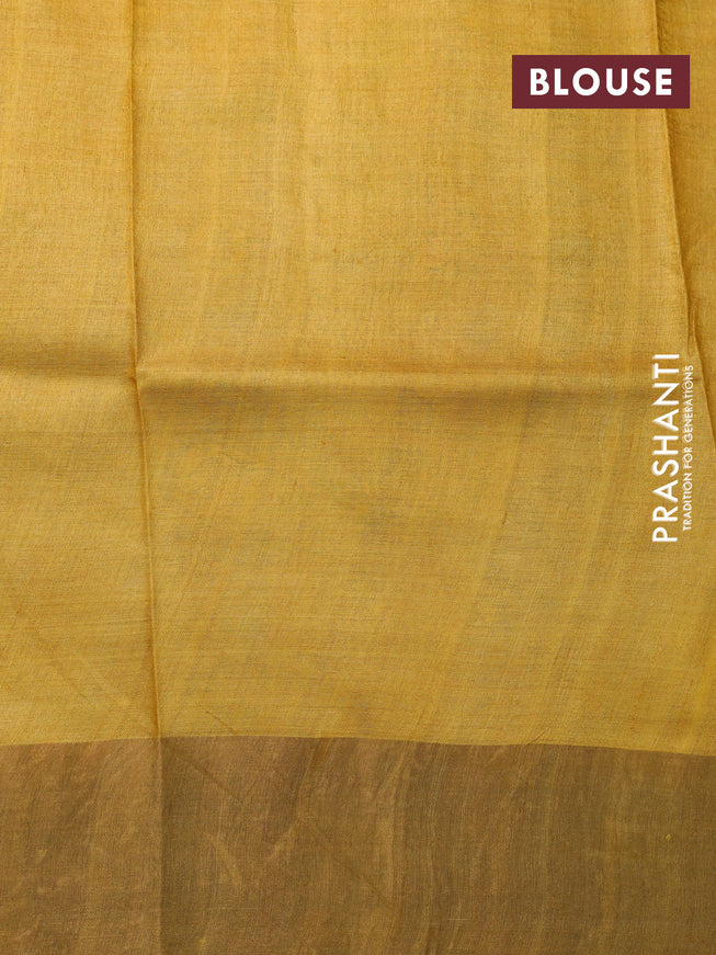 Pure tussar silk saree pastel brown and mustard yellow with allover floral prints and zari woven border