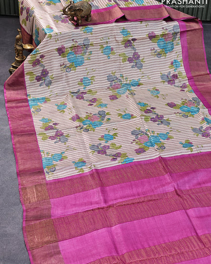 Pure tussar silk saree beige and magenta pink with allover floral butta prints and zari woven border