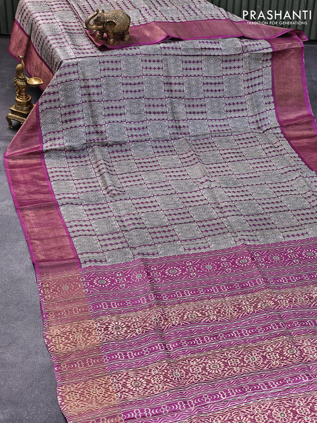 Pure tussar silk saree beige and magenta pink with allover prints and zari woven border