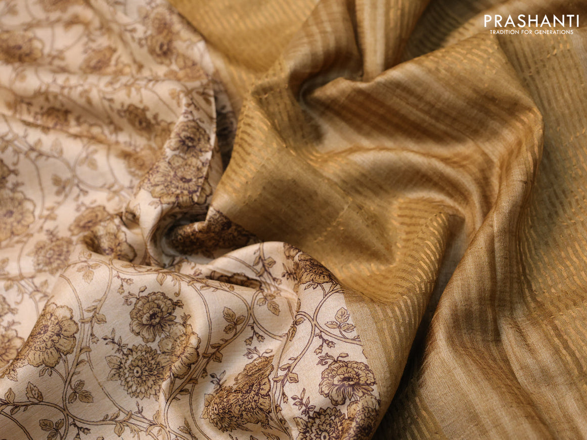 Pure tussar silk saree beige and dark sandal with allover floral prints and zari woven border