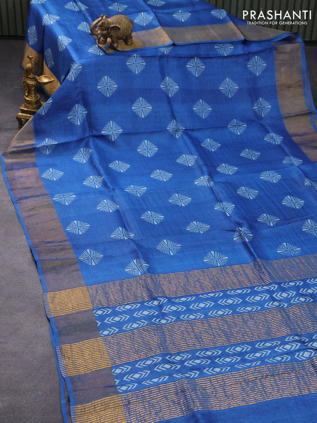 Pure tussar silk saree blue with allover prints and zari woven border