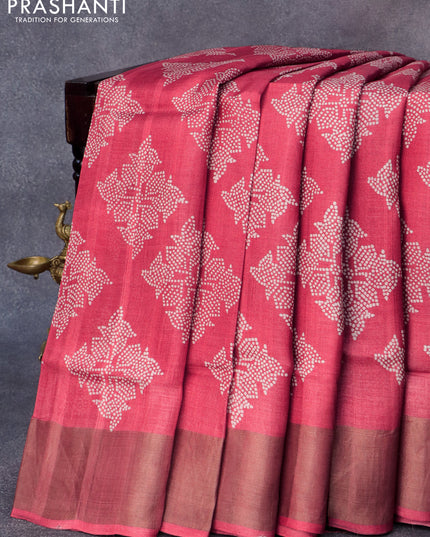Pure tussar silk saree red with allover bandhani butta prints and zari woven border