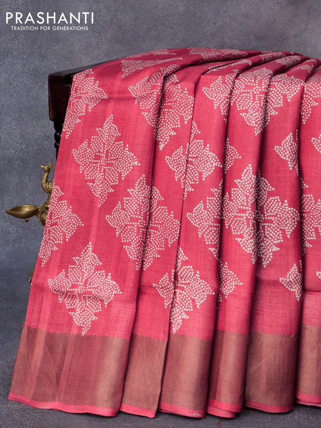 Pure tussar silk saree red with allover bandhani butta prints and zari woven border