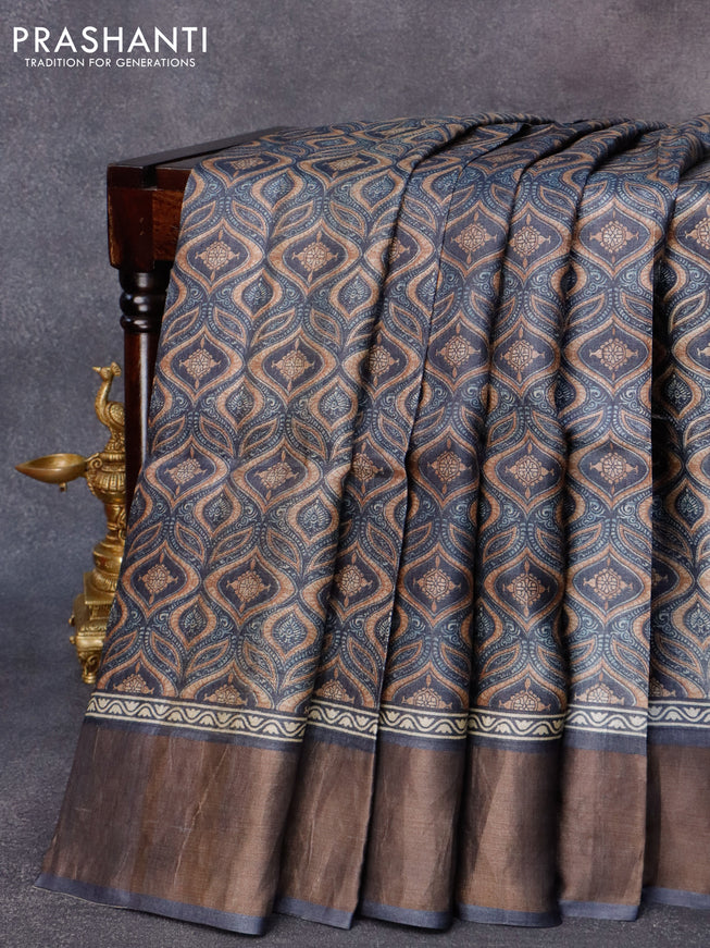 Pure tussar silk saree dark grey with allover prints and zari woven border