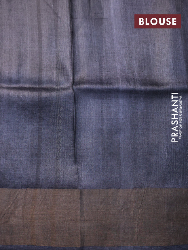 Pure tussar silk saree dark grey with allover prints and zari woven border