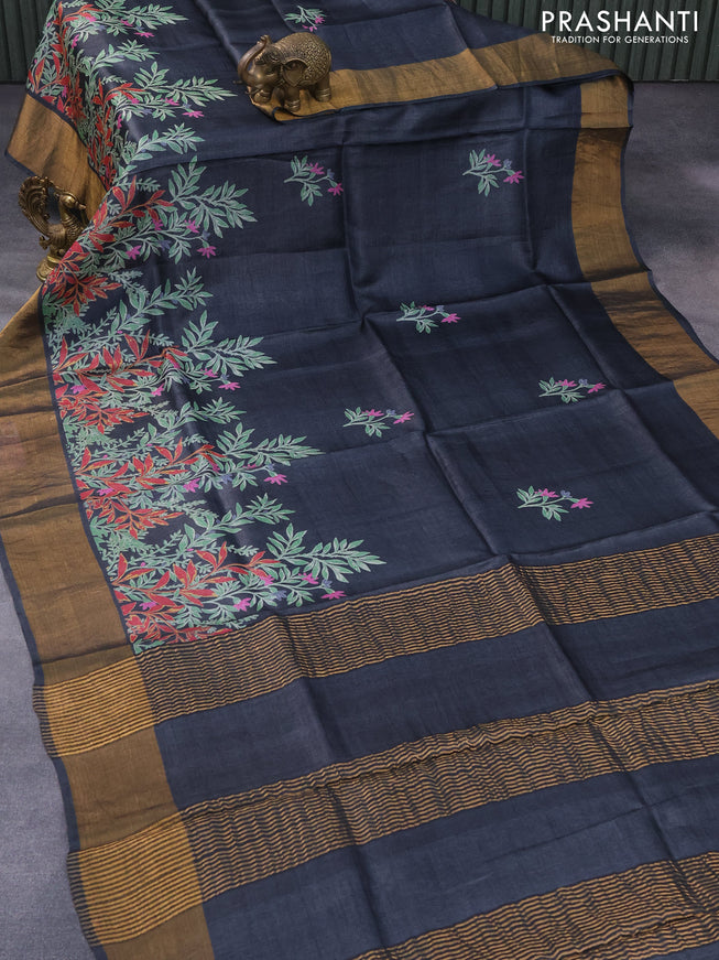 Pure tussar silk saree dark elephant grey with floral butta prints and zari woven border