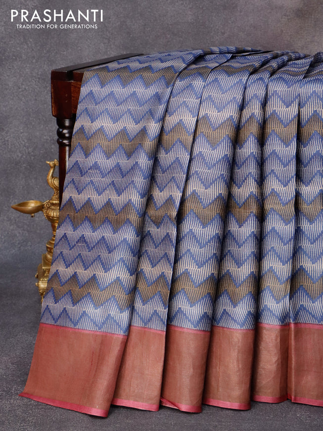 Pure tussar silk saree blue and dark magenta with allover zig zag prints and zari woven border