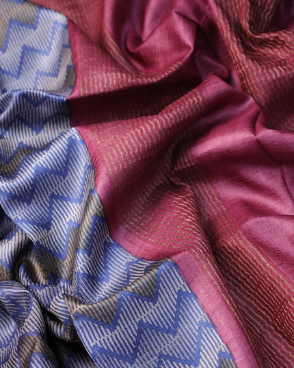 Pure tussar silk saree blue and dark magenta with allover zig zag prints and zari woven border