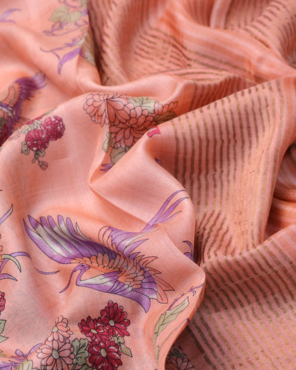 Pure tussar silk saree peach orange with allover floral prints and zari woven border