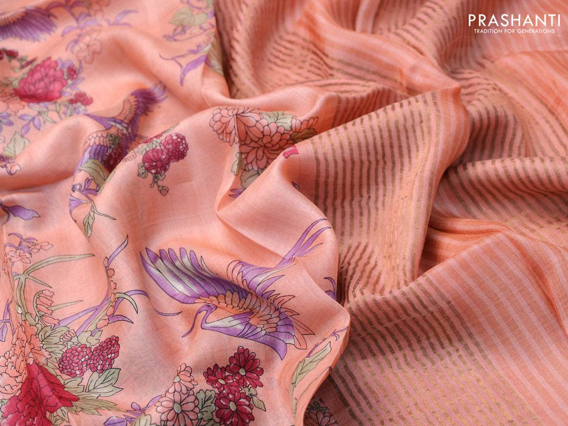 Pure tussar silk saree peach orange with allover floral prints and zari woven border