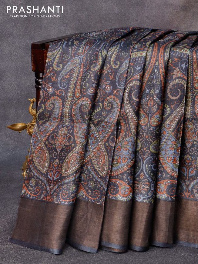 Pure tussar silk saree dark elephant grey with allover paisley prints and zari woven border