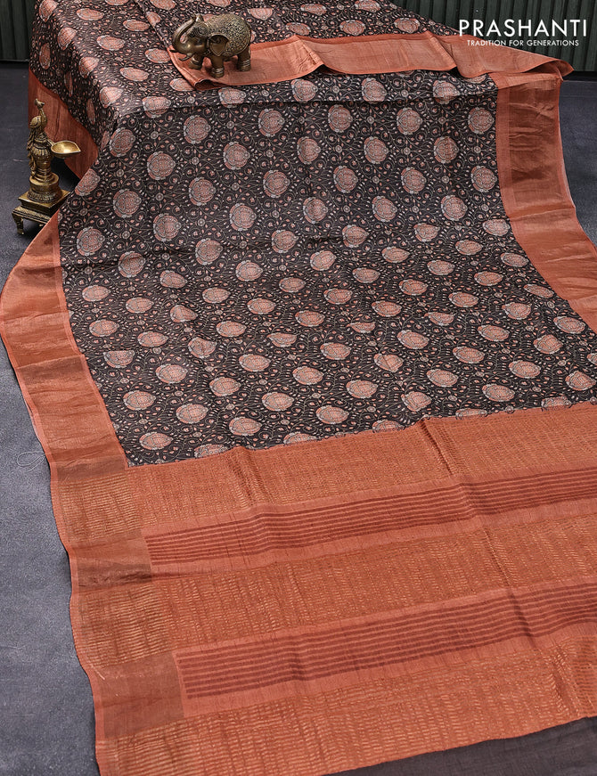 Pure tussar silk saree dark brown and rust shade with allover prints and zari woven border