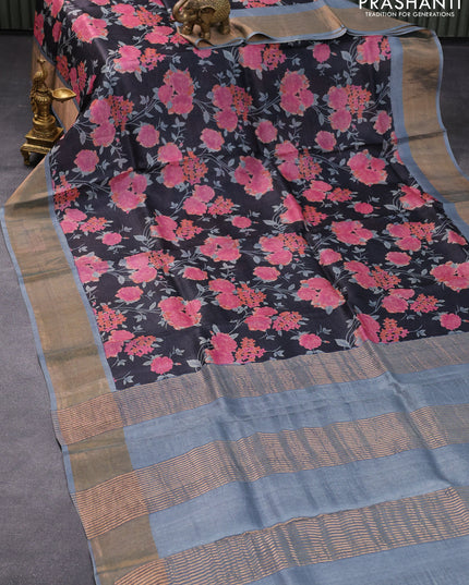 Pure tussar silk saree dark elephant grey and grey with allover floral prints and zari woven border