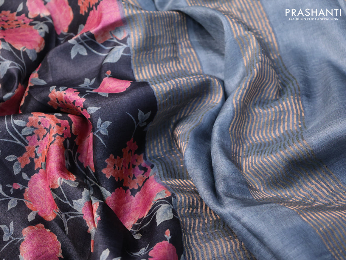 Pure tussar silk saree dark elephant grey and grey with allover floral prints and zari woven border