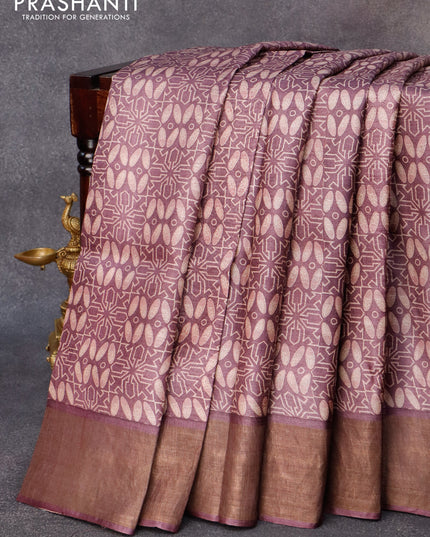 Pure tussar silk saree wine shade with allover geometric prints and zari woven border