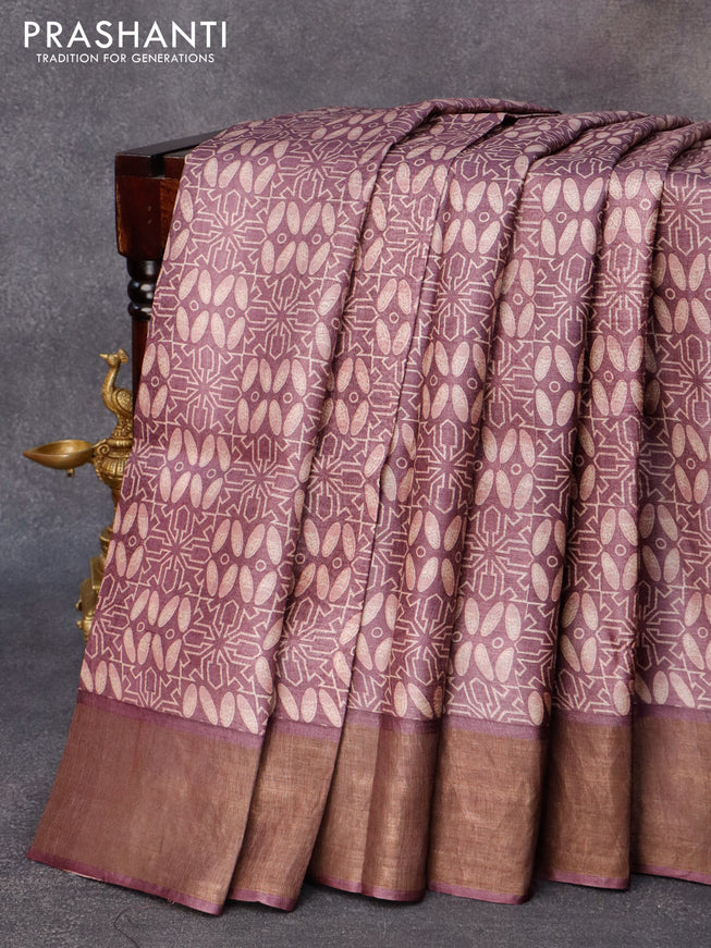 Pure tussar silk saree wine shade with allover geometric prints and zari woven border
