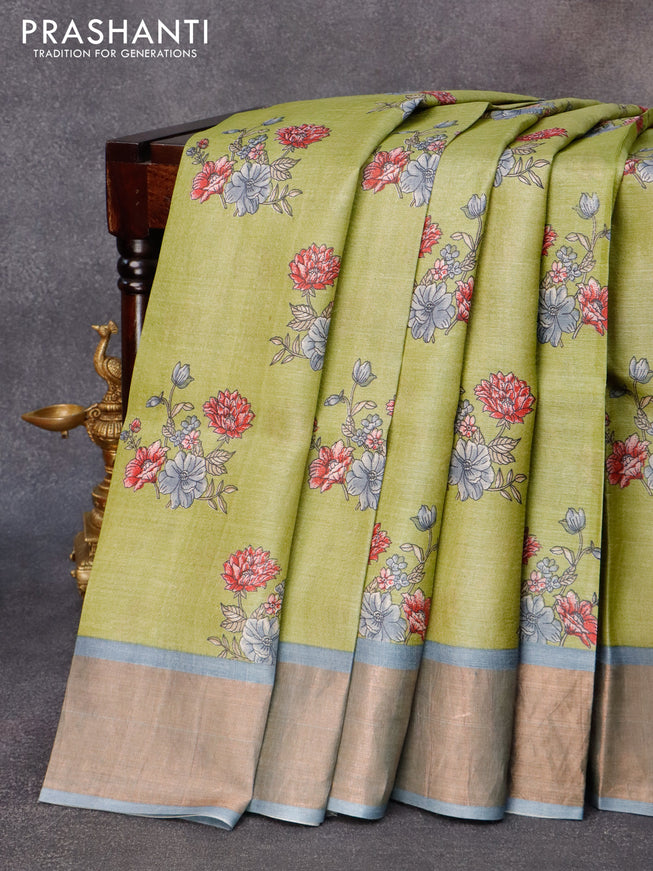 Pure tussar silk saree mehendi green and grey with allover floral butta prints and zari woven border