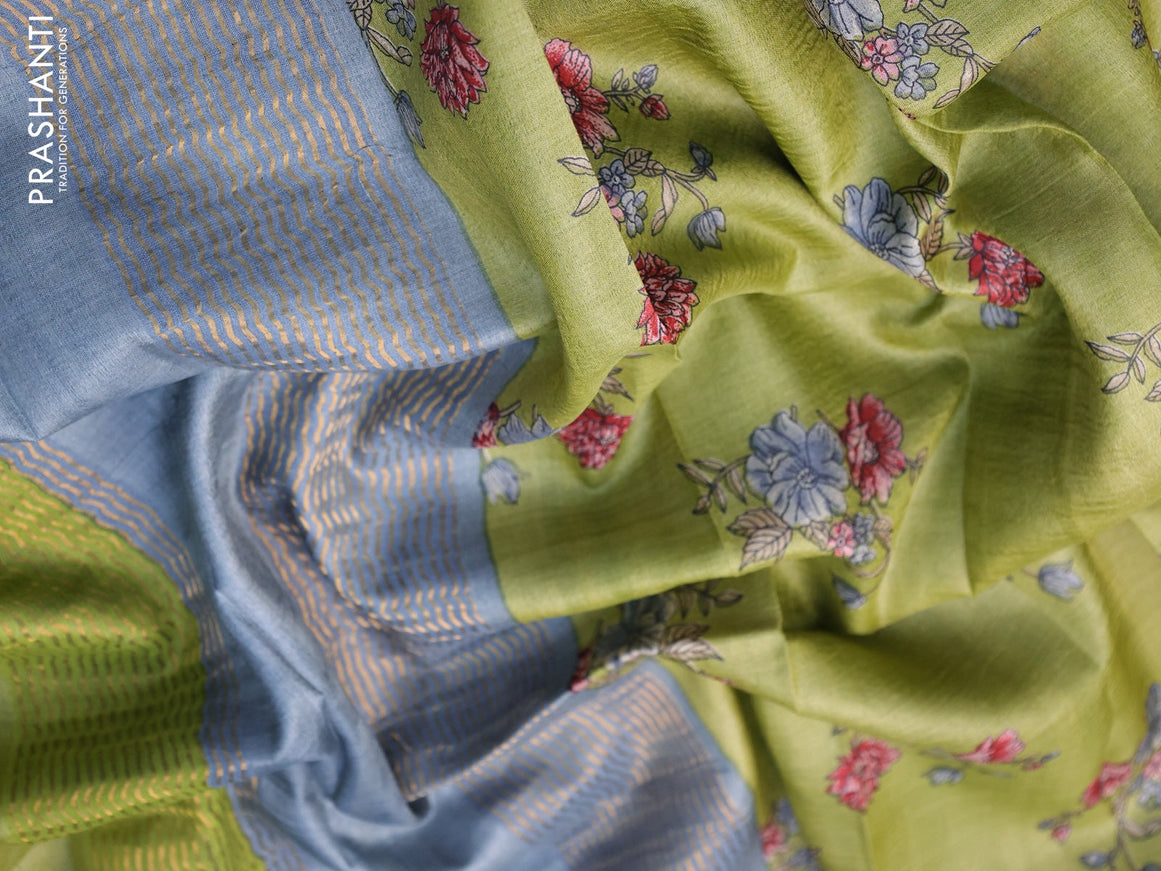 Pure tussar silk saree mehendi green and grey with allover floral butta prints and zari woven border