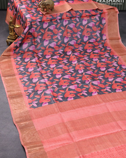 Pure tussar silk saree grey and peach shade with allover leaf prints and zari woven border