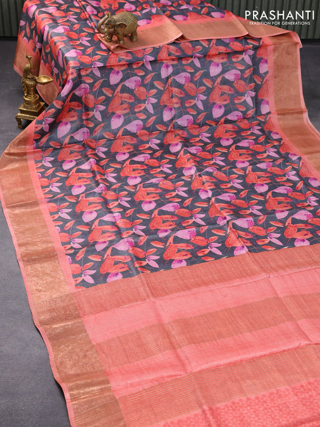 Pure tussar silk saree grey and peach shade with allover leaf prints and zari woven border