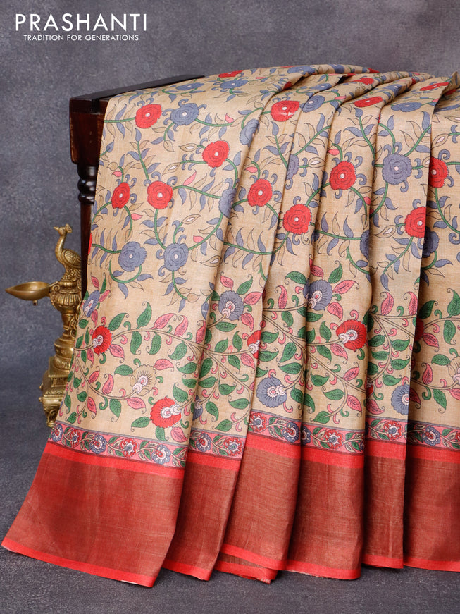 Pure tussar silk saree sandal and red with allover kalamkari prints and zari woven border