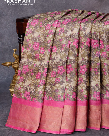 Pure tussar silk saree beige and pink with allover floral prints and zari woven border