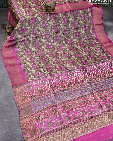 Pure tussar silk saree beige and pink with allover floral prints and zari woven border