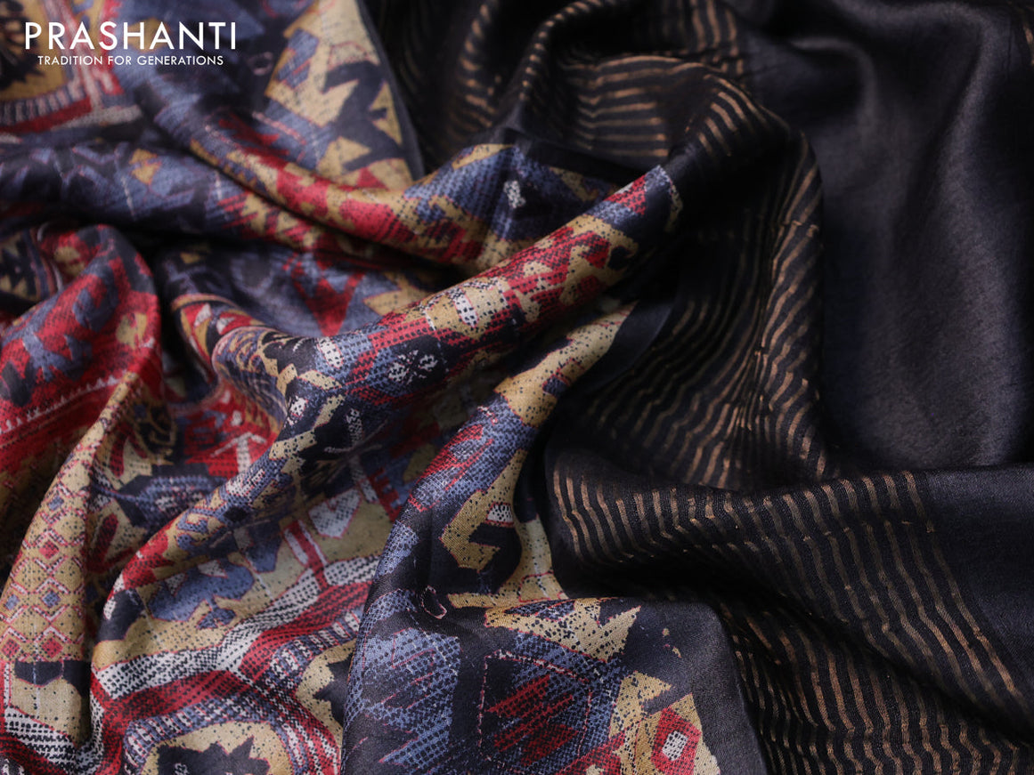 Pure tussar silk saree multi colour and black with allover geometric prints and zari woven border