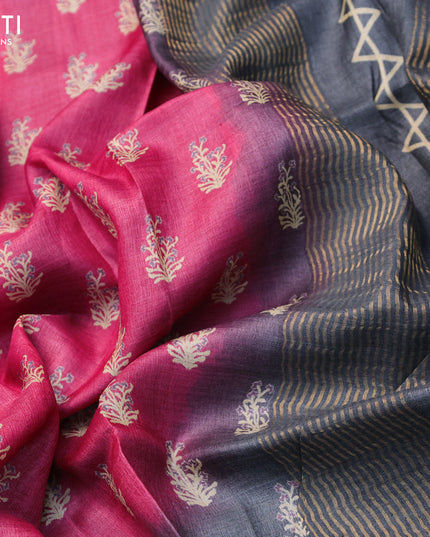 Pure tussar silk saree pink shade and grey with allover floral butta prints and zari woven border