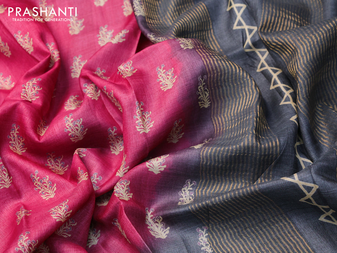 Pure tussar silk saree pink shade and grey with allover floral butta prints and zari woven border