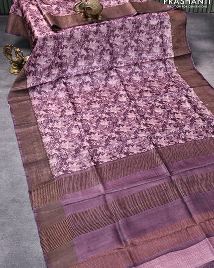 Pure tussar silk saree wine shade with allover floral prints and zari woven border