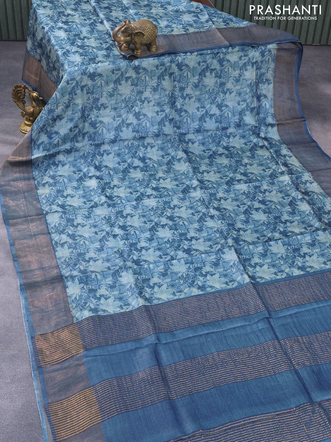 Pure tussar silk saree peacock blue with allover floral prints and zari woven border