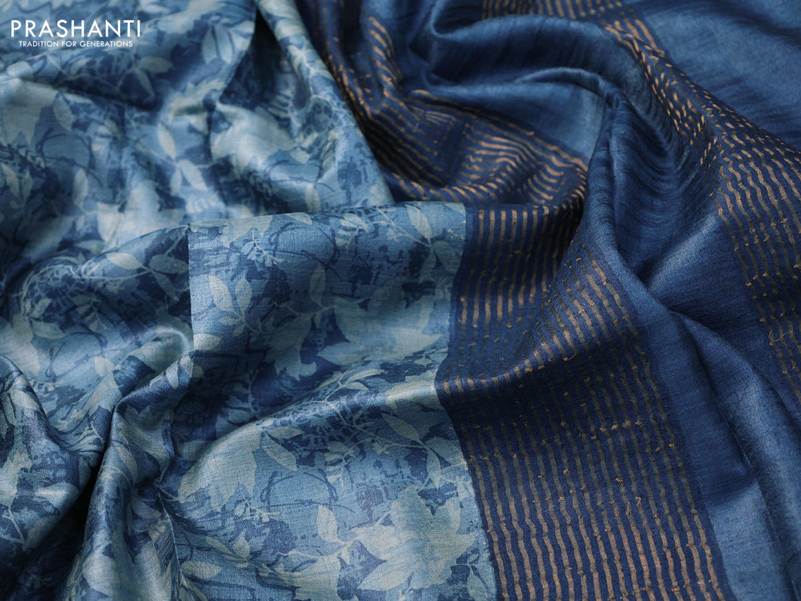Pure tussar silk saree peacock blue with allover floral prints and zari woven border