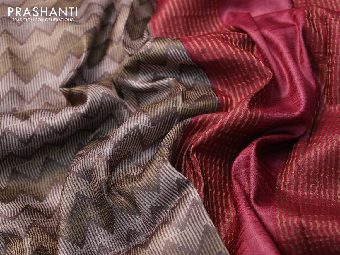 Pure tussar silk saree pastel brown shade and maroon with allover zig zag prints and zari woven border