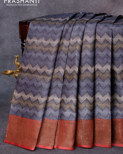 Pure tussar silk saree grey shade and maroon with allover zig zag prints and zari woven border