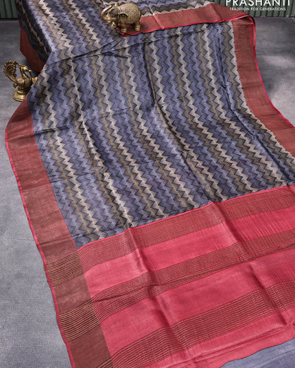 Pure tussar silk saree grey shade and maroon with allover zig zag prints and zari woven border